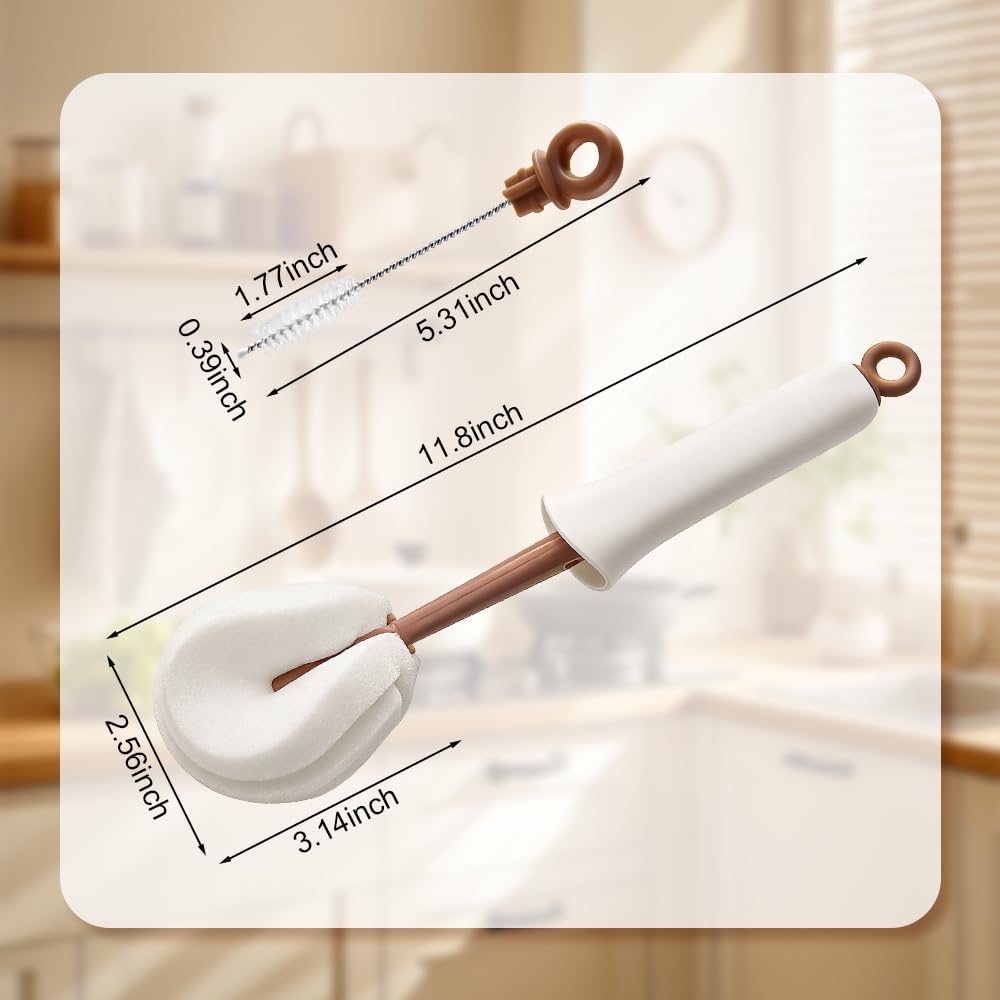 2-in-1 Long-Handle Bottle Brush Set, Multifunctional Bottle Cleaning Brush and Straw Cleaner Brush, Self-Squeeze Bottle Brush, Suitable for Coffee Mugs, Sports Bottles, Wine Bottle (Brown)