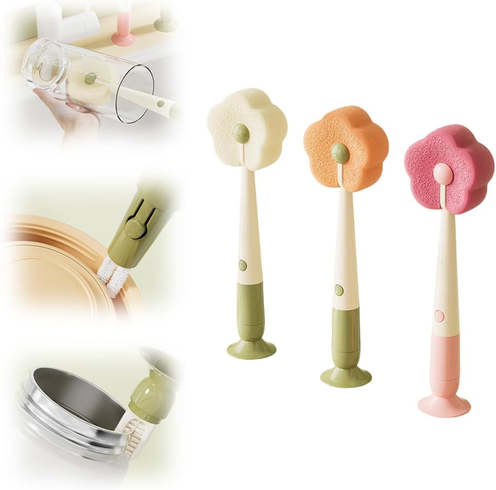 360° Flexible Silicone Bottle Brush with Long Handle, 2026 New Soft Bristle Cup Cleaner Brush, Flexible Water Bottle Cleaning Brush for Narrow Neck Bottles, Water Bottles (Pink+Orange+Green)