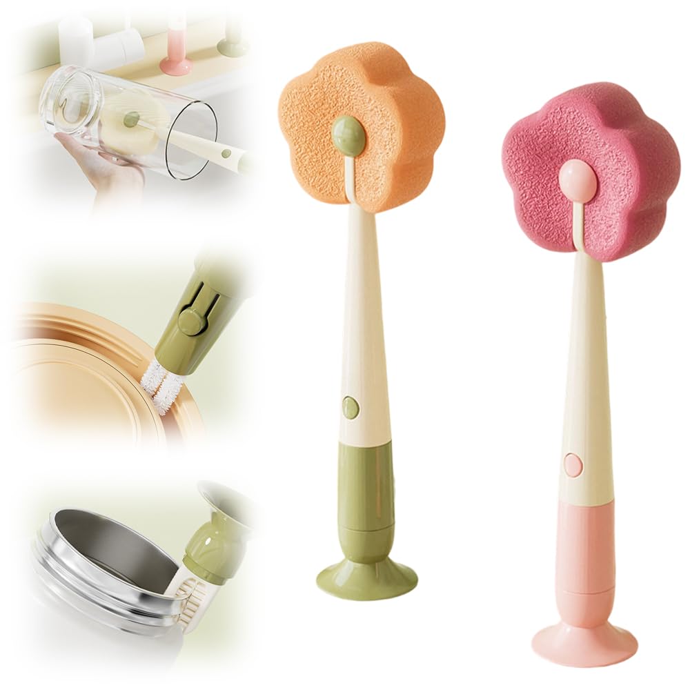 360° Flexible Silicone Bottle Brush with Long Handle, 2026 New Soft Bristle Cup Cleaner Brush, Flexible Water Bottle Cleaning Brush for Narrow Neck Bottles, Water Bottles (Pink+Orange+Green)