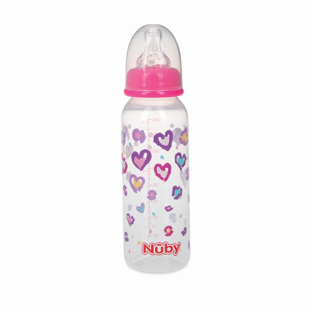 Nuby Printed Non-Drip 8oz Baby Bottle, 3 Pack, Girls, 0+ Months