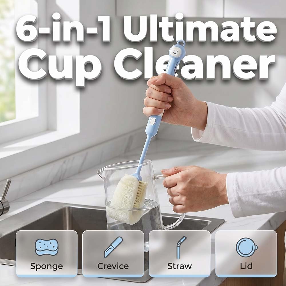 5 in 1 Bottle Cleaning Brush Set, 2026 Multifunctional Lid Brush Cleaning Tool Kitchen, 15" Long Handle Bottle Cleaning Brush, 3 Straw Brush, Detail Brush for Cup Lid Gap (Blue)