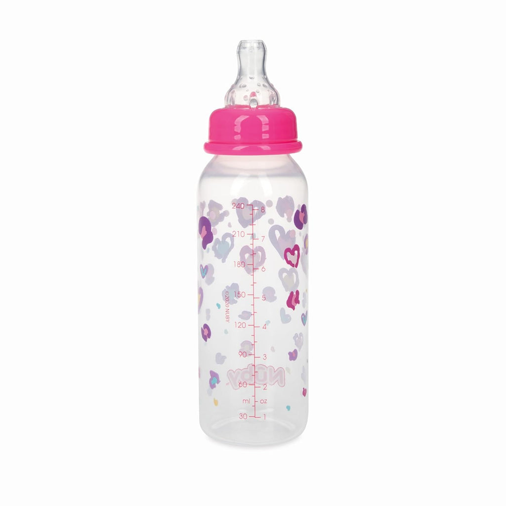 Nuby Printed Non-Drip 8oz Baby Bottle, 3 Pack, Girls, 0+ Months