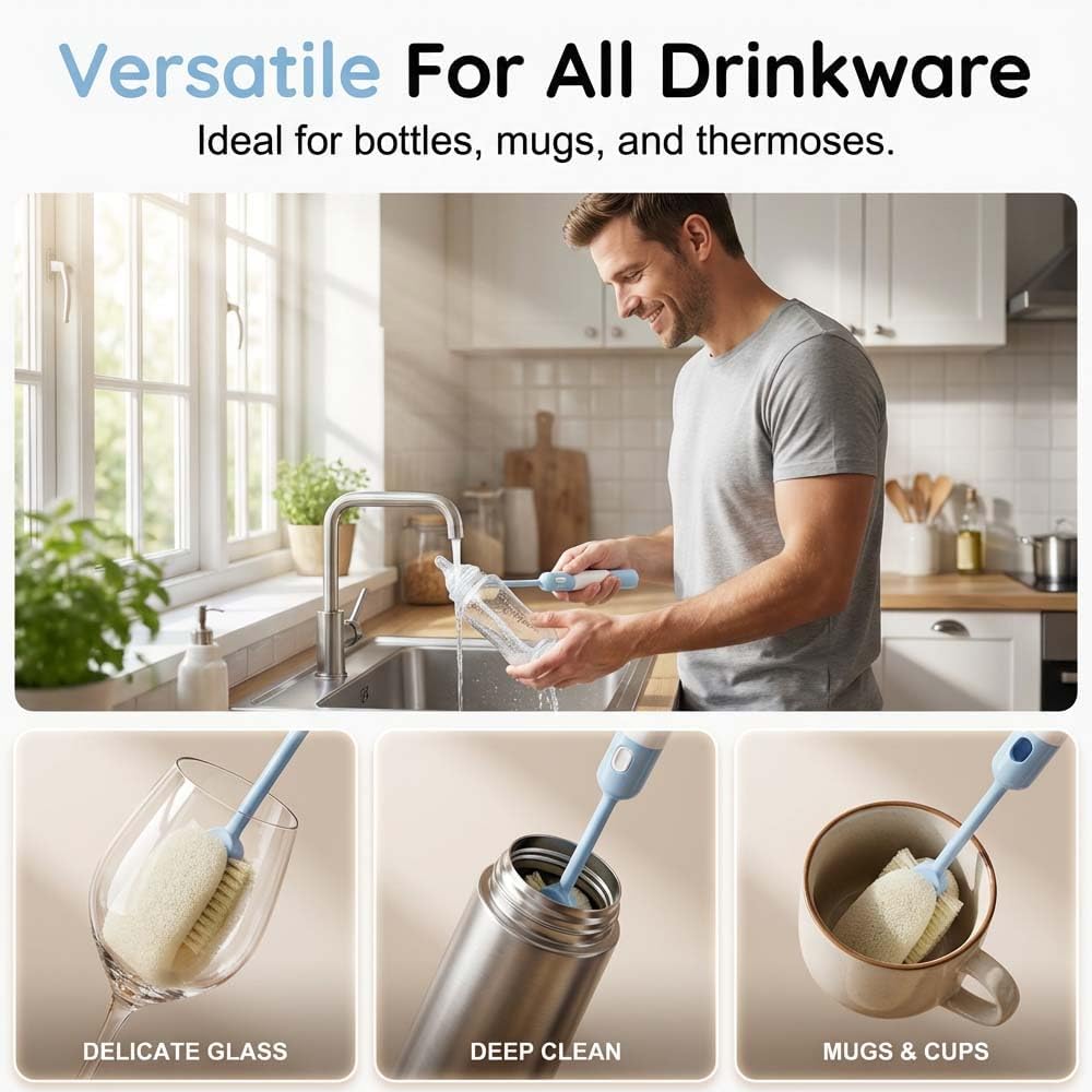 5 in 1 Bottle Cleaning Brush Set, 2026 Multifunctional Lid Brush Cleaning Tool Kitchen, 15" Long Handle Bottle Cleaning Brush, 3 Straw Brush, Detail Brush for Cup Lid Gap (Blue)
