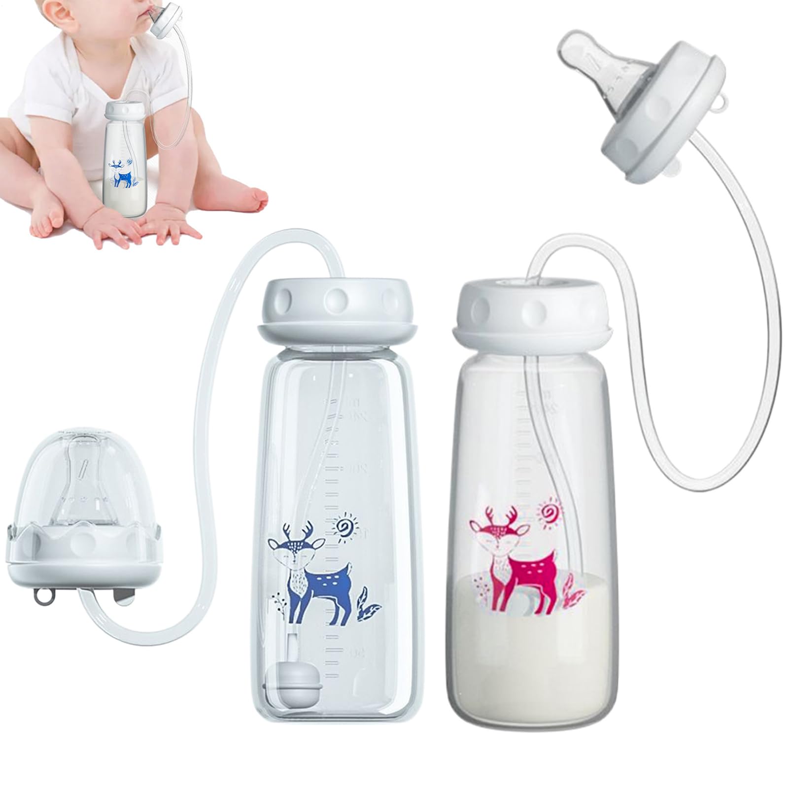 2pcs Hands-Free Bottle, Anti-Colic Nursing System, 240ml Bottle, Self Feeding Nursing Bottles with Tube and Fast Flow Nipple, Supplemental Nursings System