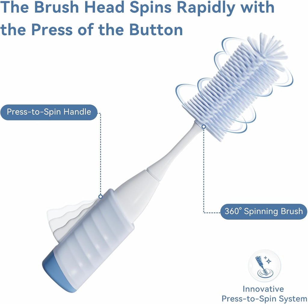 Bottle Brush, Innovative Efficient Press-to-Spin Water Bottle Cleaning Brush, Silicone Washing Brush Spinning Generates Rich Foam for Easy Cleaning, Battery-Free, Self-Standing, Blue