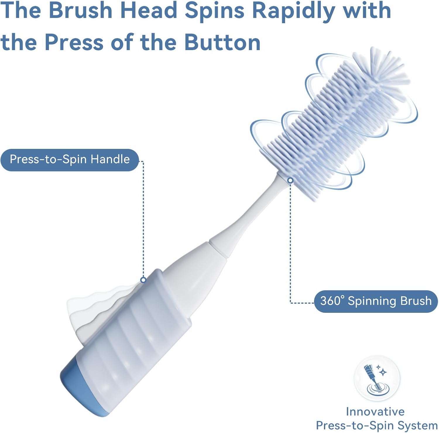 Bottle Brush, Innovative Efficient Press-to-Spin Water Bottle Cleaning Brush, Silicone Washing Brush Spinning Generates Rich Foam for Easy Cleaning, Battery-Free, Self-Standing, Blue