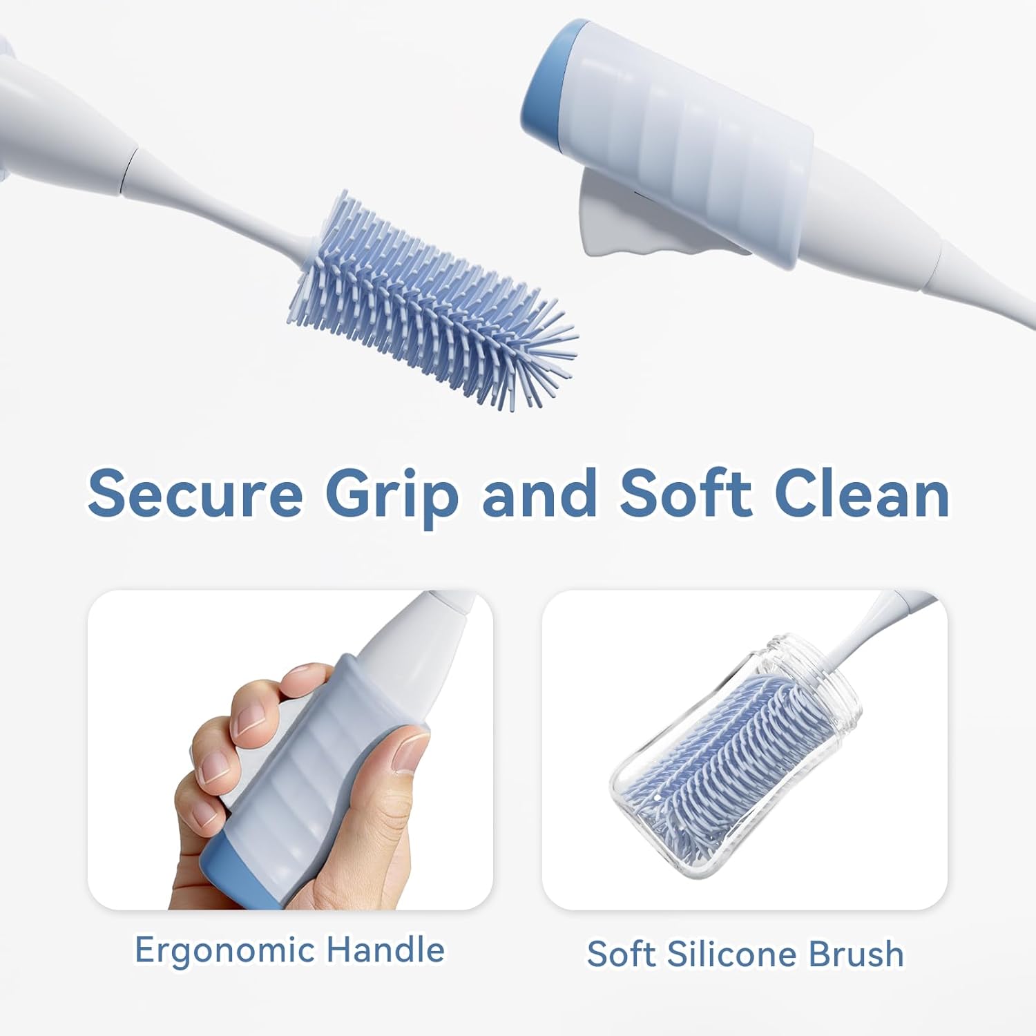 Bottle Brush, Innovative Efficient Press-to-Spin Water Bottle Cleaning Brush, Silicone Washing Brush Spinning Generates Rich Foam for Easy Cleaning, Battery-Free, Self-Standing, Blue