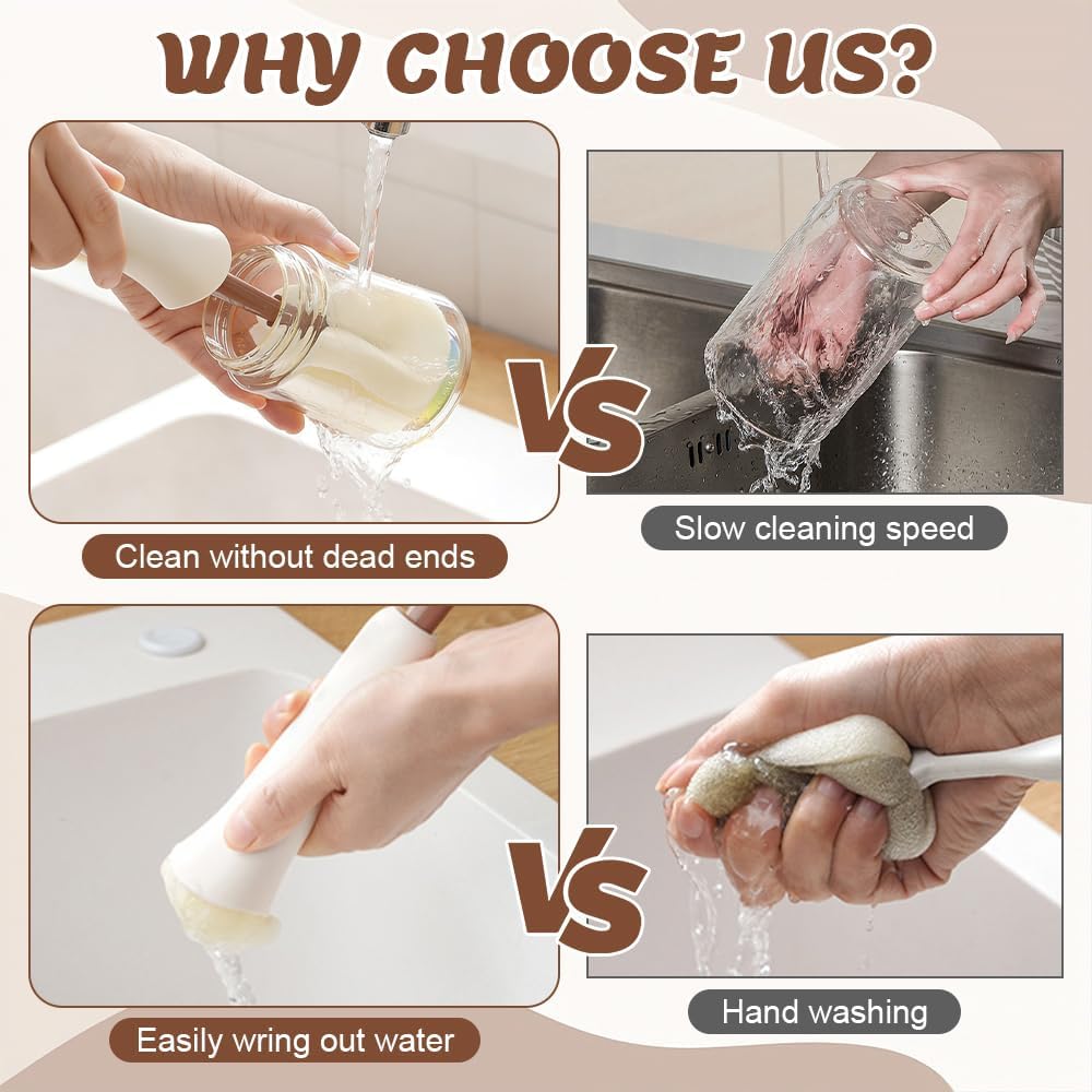 2-in-1 Long-Handle Bottle Brush Set, Multifunctional Bottle Cleaning Brush and Straw Cleaner Brush, Self-Squeeze Bottle Brush, Suitable for Coffee Mugs, Sports Bottles, Wine Bottle (Brown)
