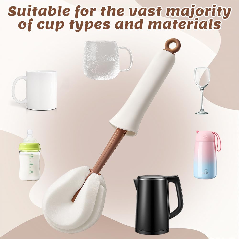 2-in-1 Long-Handle Bottle Brush Set, Multifunctional Bottle Cleaning Brush and Straw Cleaner Brush, Self-Squeeze Bottle Brush, Suitable for Coffee Mugs, Sports Bottles, Wine Bottle (Brown)