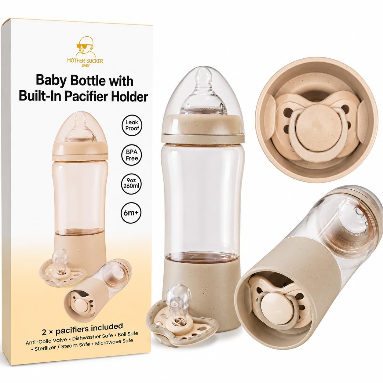 Baby Bottle with Built in Pacifier Storage, 8oz 240ml, BPA Free, Anti Colic, Includes Pacifier, Medium Flow