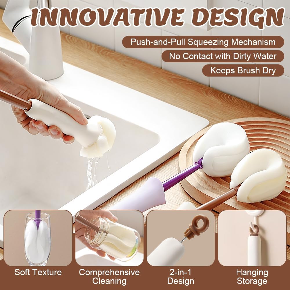 2-in-1 Long-Handle Bottle Brush Set, Multifunctional Bottle Cleaning Brush and Straw Cleaner Brush, Self-Squeeze Bottle Brush, Suitable for Coffee Mugs, Sports Bottles, Wine Bottle (Brown)