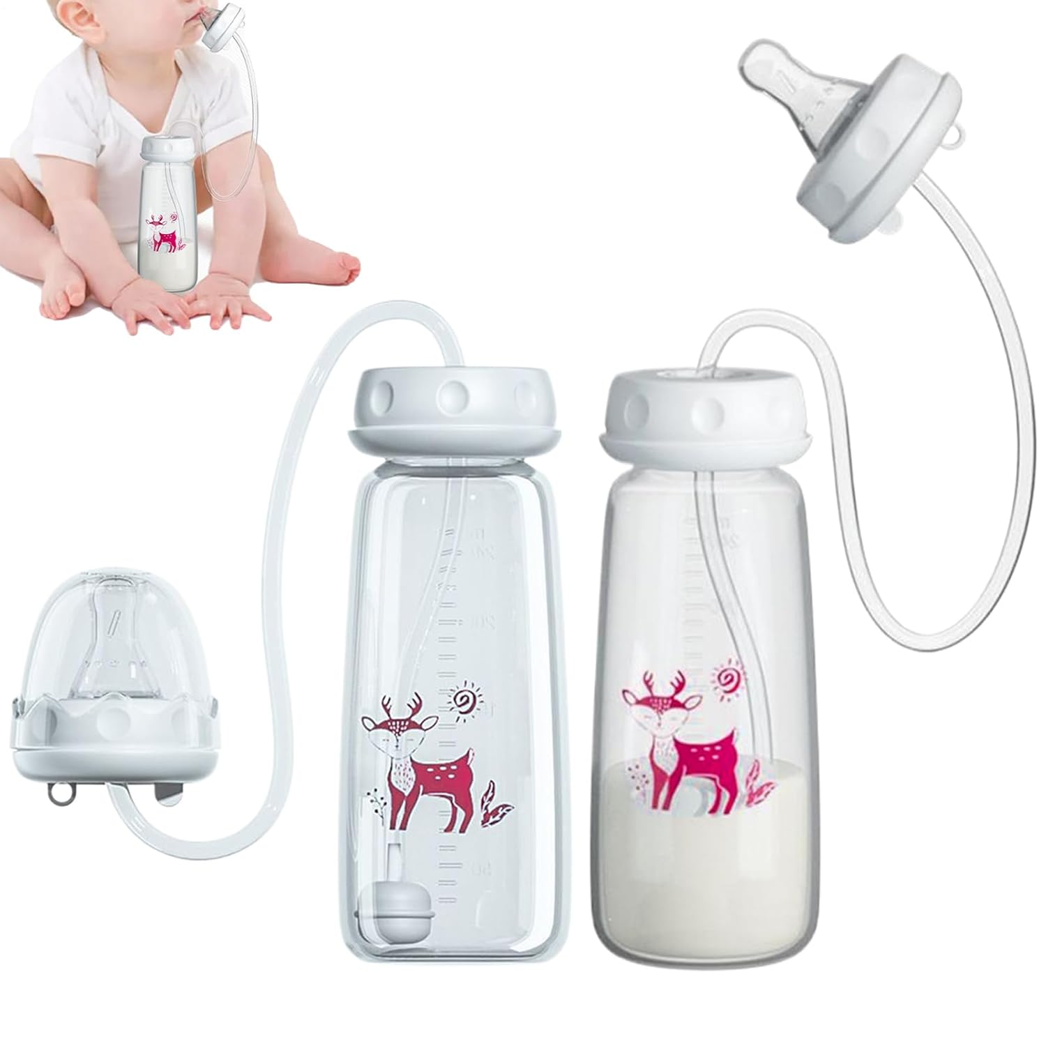 2pcs Hands-Free Bottle, Anti-Colic Nursing System, 240ml Bottle, Self Feeding Nursing Bottles with Tube and Fast Flow Nipple, Supplemental Nursings System