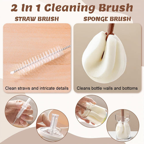 2-in-1 Long-Handle Bottle Brush Set, Multifunctional Bottle Cleaning Brush and Straw Cleaner Brush, Self-Squeeze Bottle Brush, Suitable for Coffee Mugs, Sports Bottles, Wine Bottle (Brown)