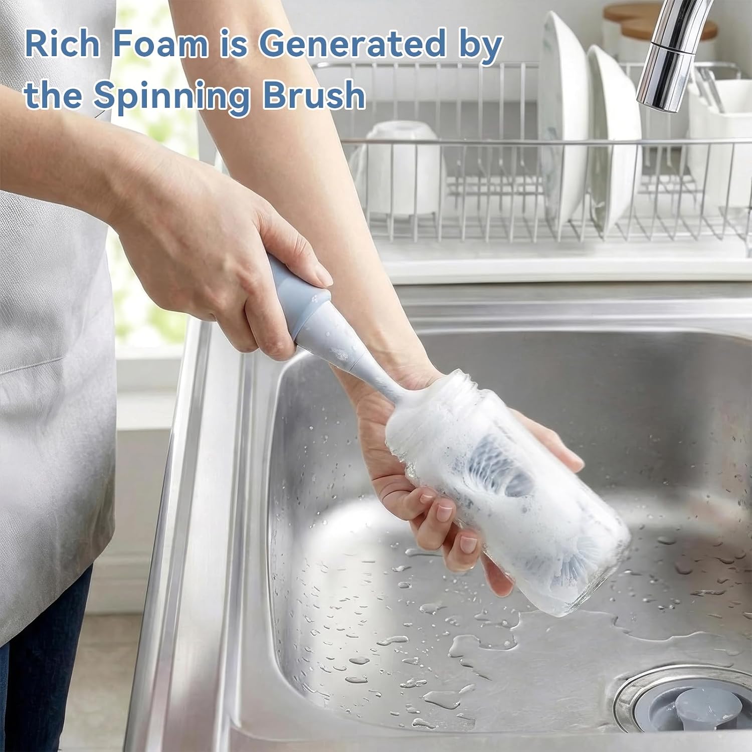 Bottle Brush, Innovative Efficient Press-to-Spin Water Bottle Cleaning Brush, Silicone Washing Brush Spinning Generates Rich Foam for Easy Cleaning, Battery-Free, Self-Standing, Blue