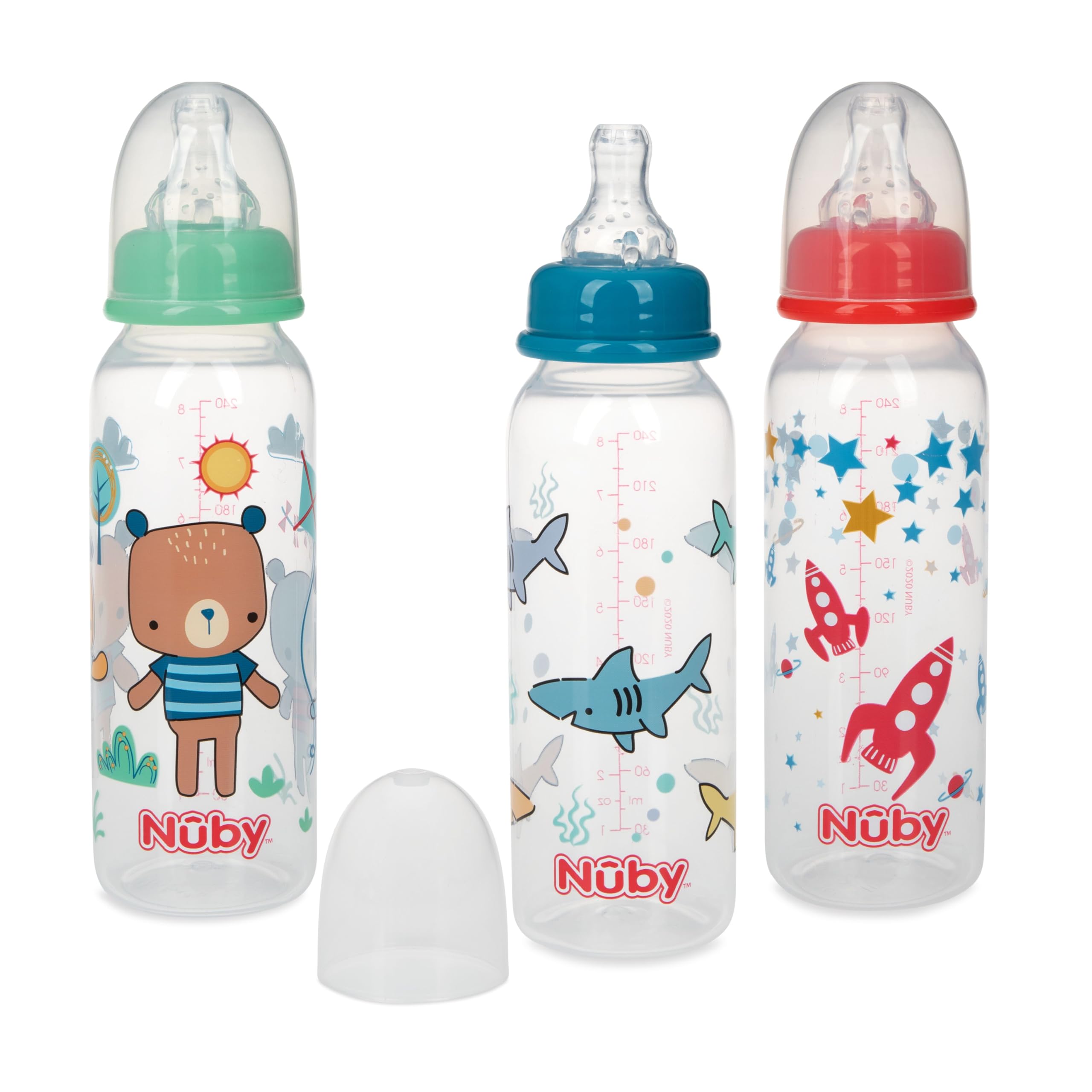 Nuby Printed Non-Drip 8oz Baby Bottle, 3 Pack, Girls, 0+ Months