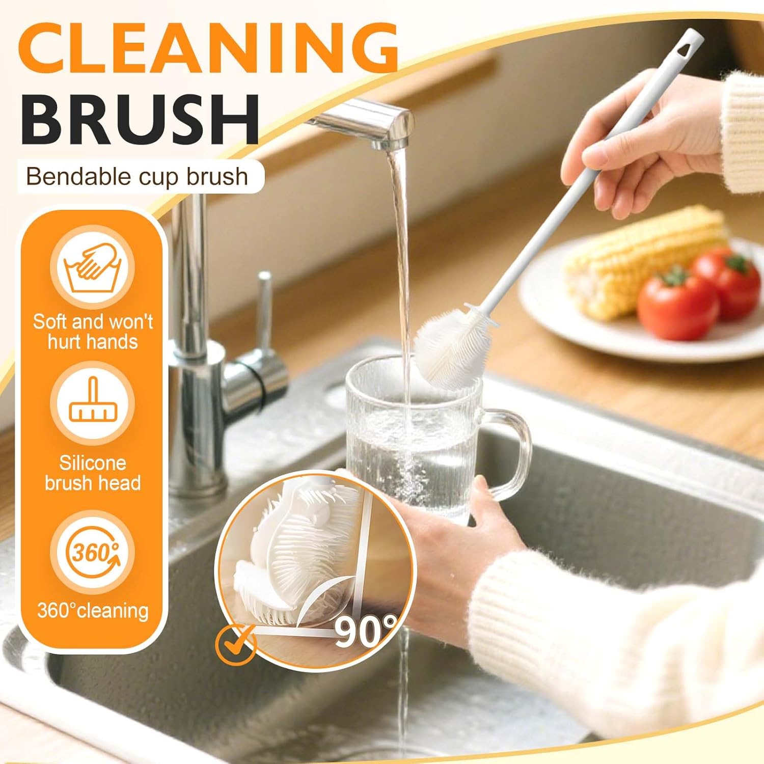 360° Flexible Silicone Bottle Brush with Long Handle,2026 New Multifunction Cleaning Foldable Cleaning Tool, Soft Bristle Silicone Cup Brush for Narrow Neck Bottles,Water Bottles (White/1pcs)