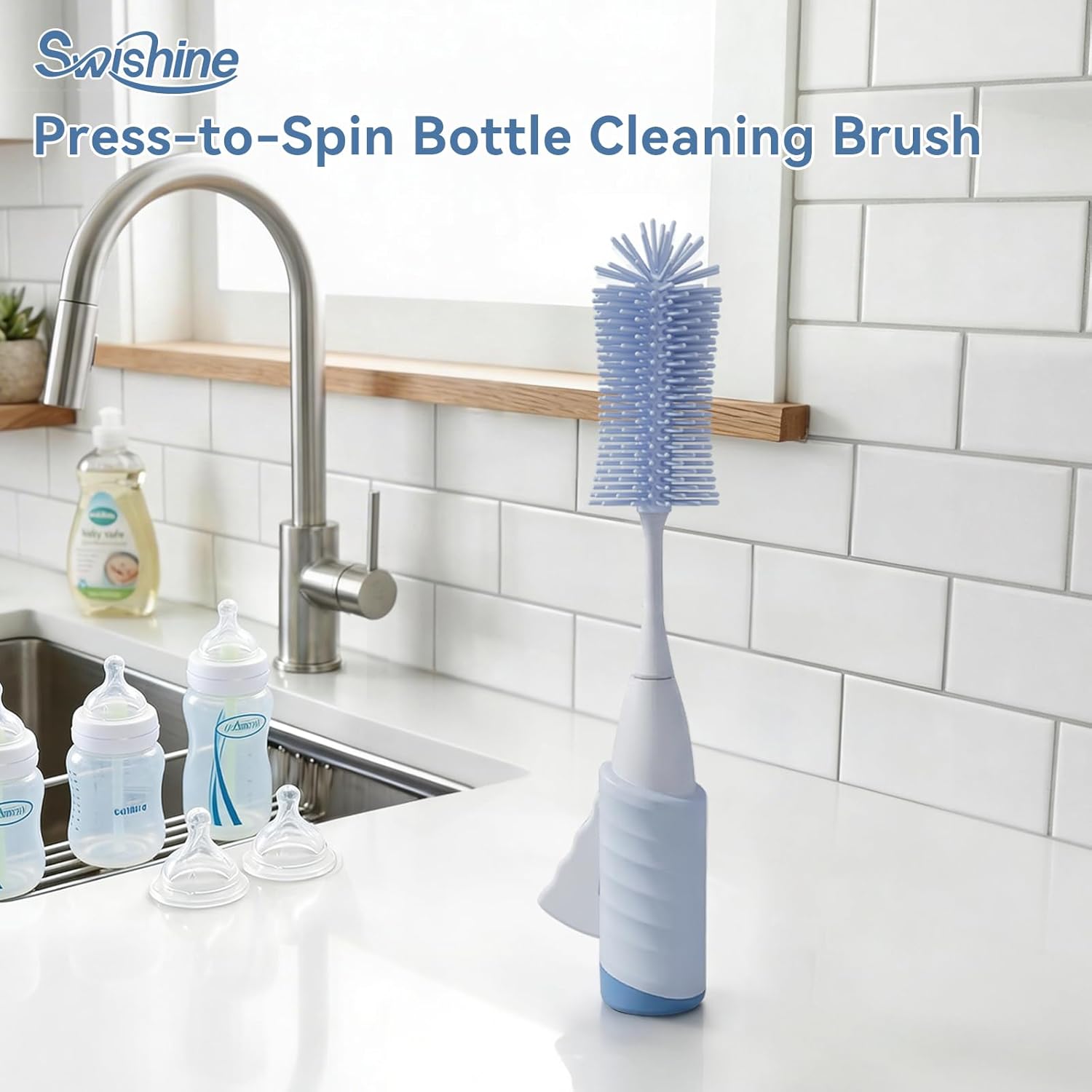 Bottle Brush, Innovative Efficient Press-to-Spin Water Bottle Cleaning Brush, Silicone Washing Brush Spinning Generates Rich Foam for Easy Cleaning, Battery-Free, Self-Standing, Blue