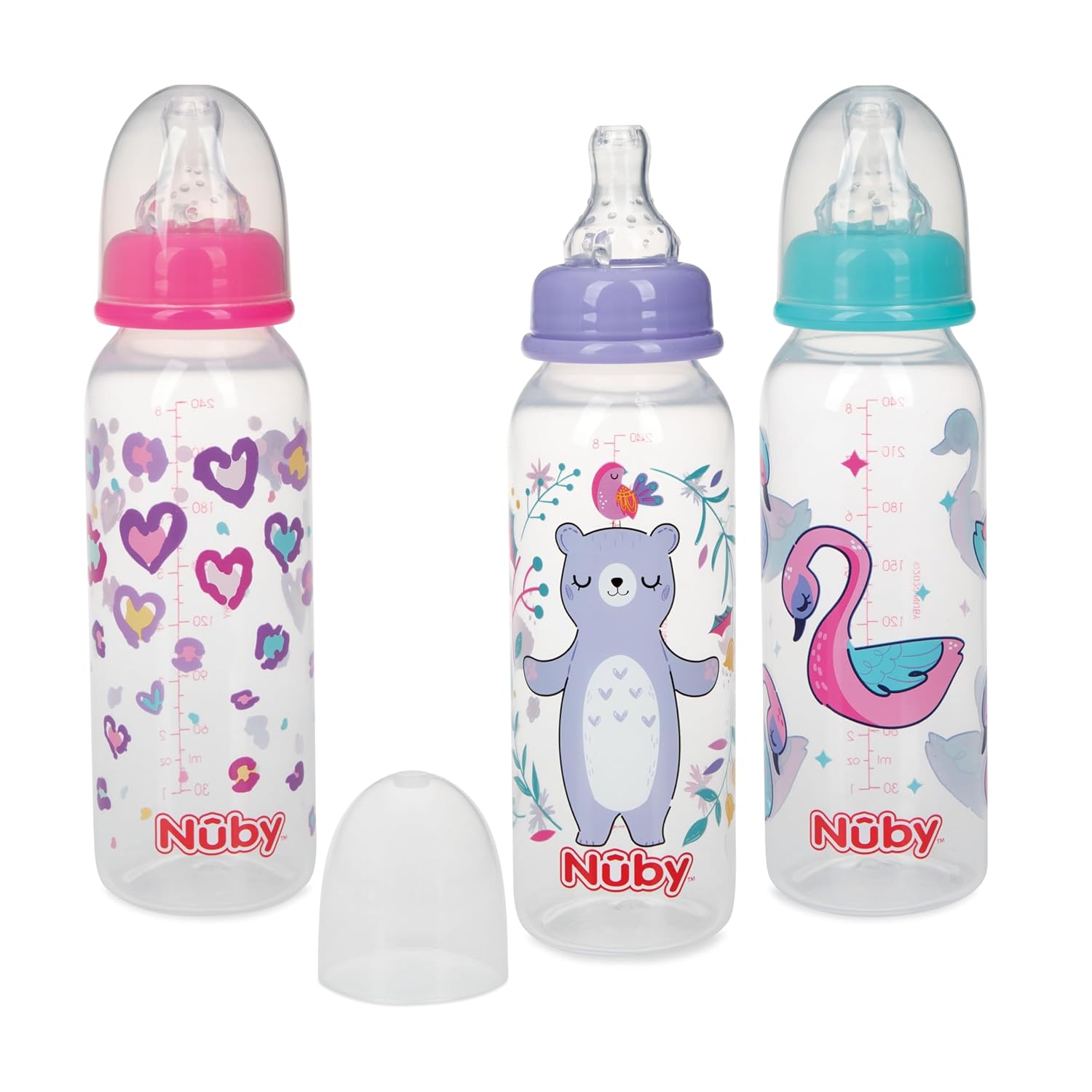 Nuby Printed Non-Drip 8oz Baby Bottle, 3 Pack, Girls, 0+ Months