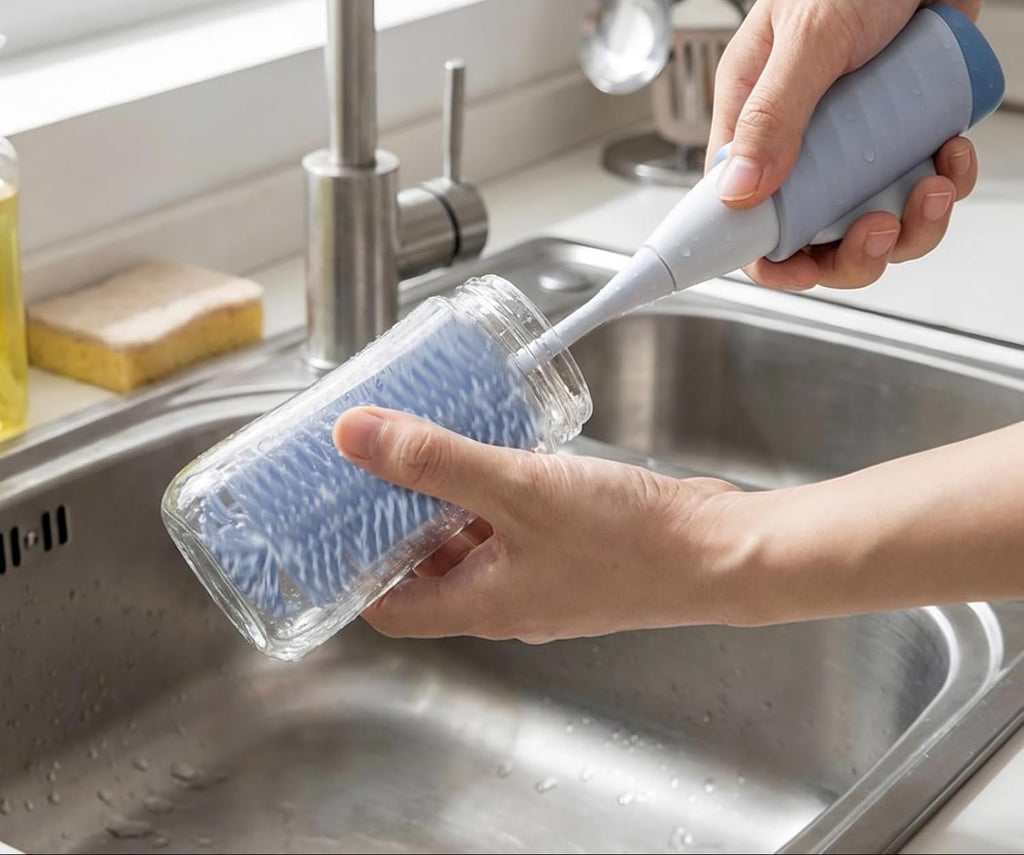 Bottle Brush, Innovative Efficient Press-to-Spin Water Bottle Cleaning Brush, Silicone Washing Brush Spinning Generates Rich Foam for Easy Cleaning, Battery-Free, Self-Standing, Blue