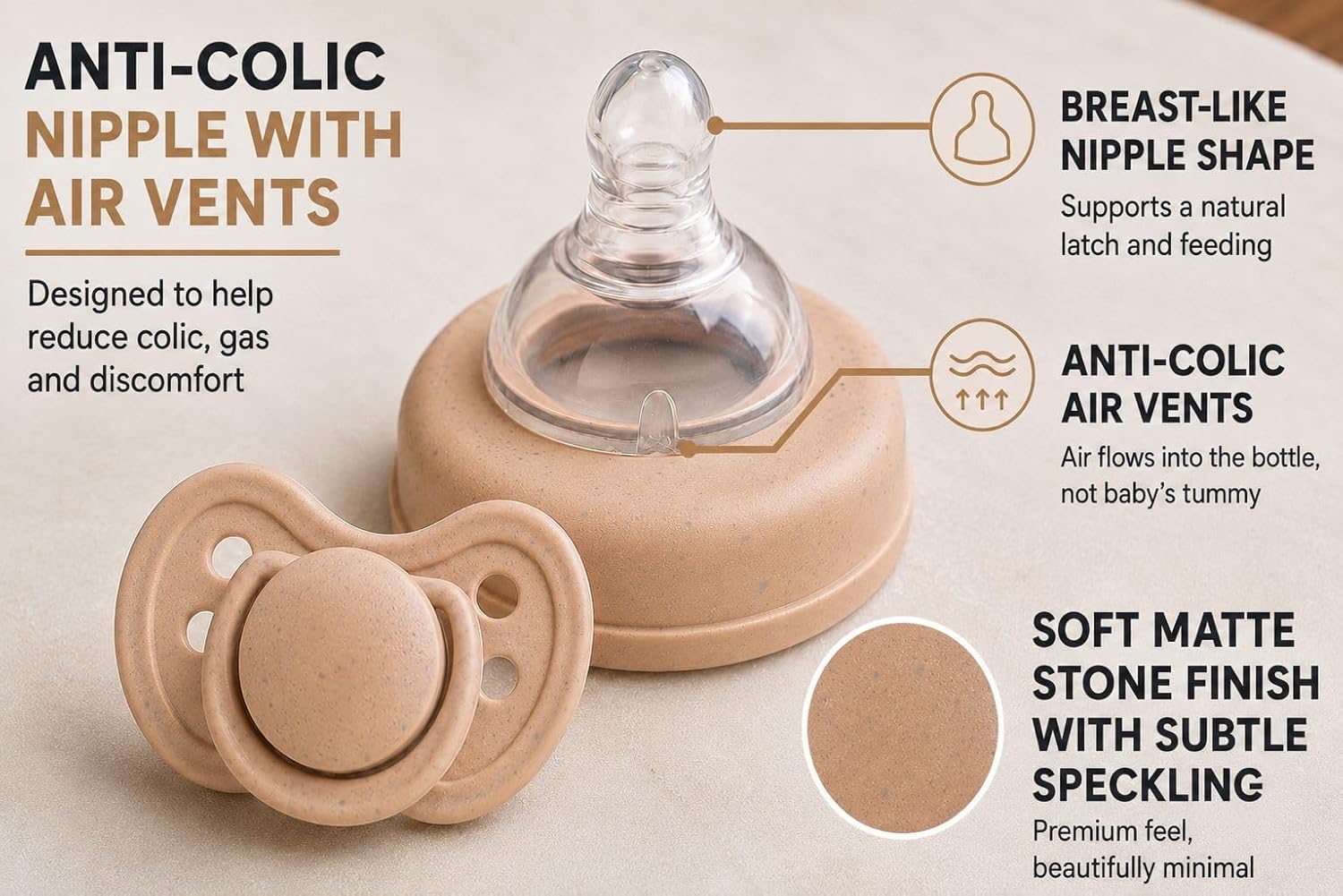 Baby Bottle with Built in Pacifier Storage, 8oz 240ml, BPA Free, Anti Colic, Includes Pacifier, Medium Flow