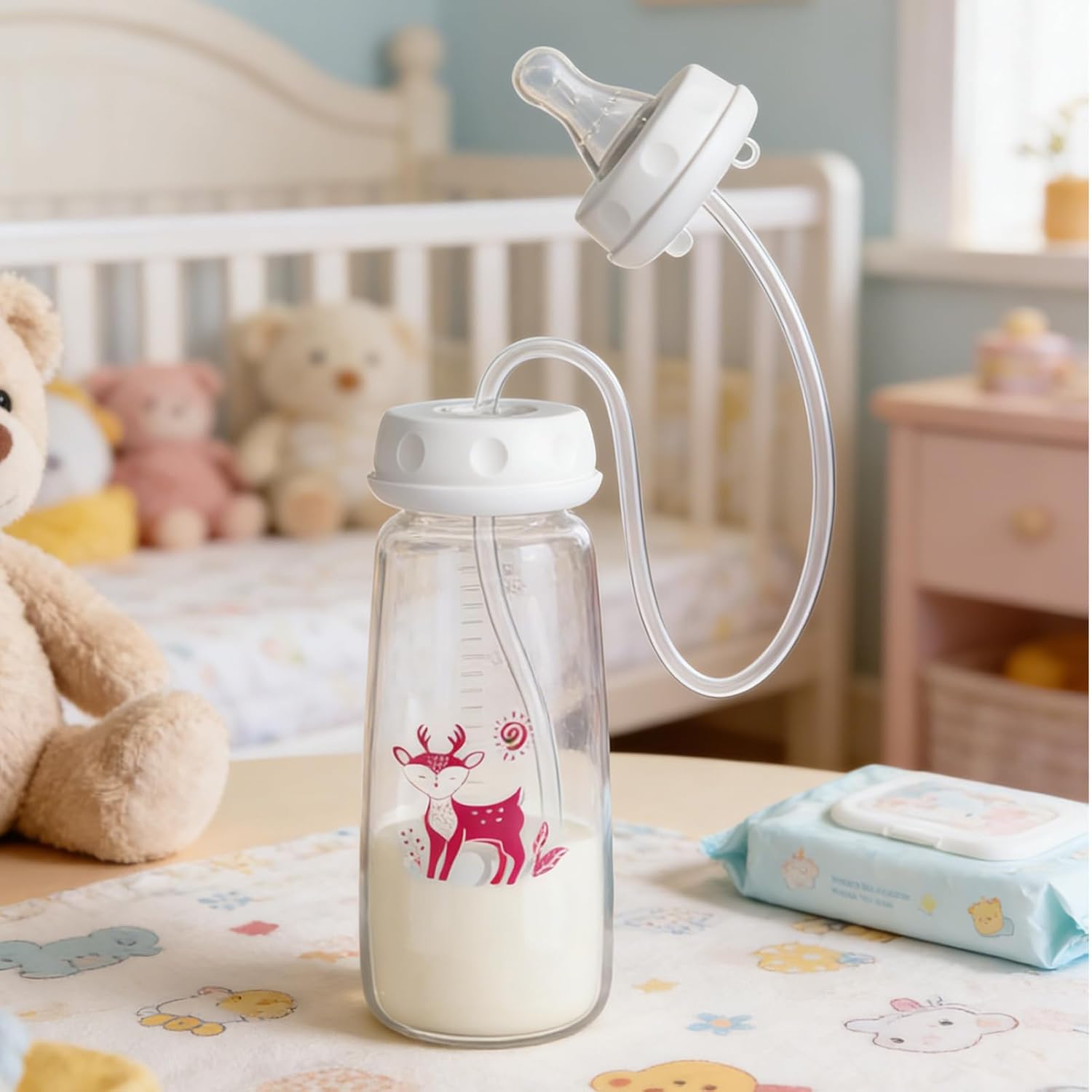 2pcs Hands-Free Bottle, Anti-Colic Nursing System, 240ml Bottle, Self Feeding Nursing Bottles with Tube and Fast Flow Nipple, Supplemental Nursings System